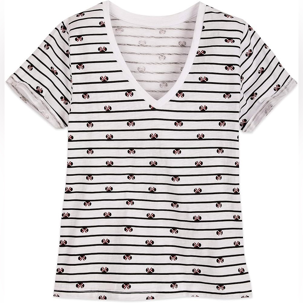 Disney Minnie Mouse Icon Striped Cotton V-Neck Short Sleeve T-Shirt Tee NEW LRG